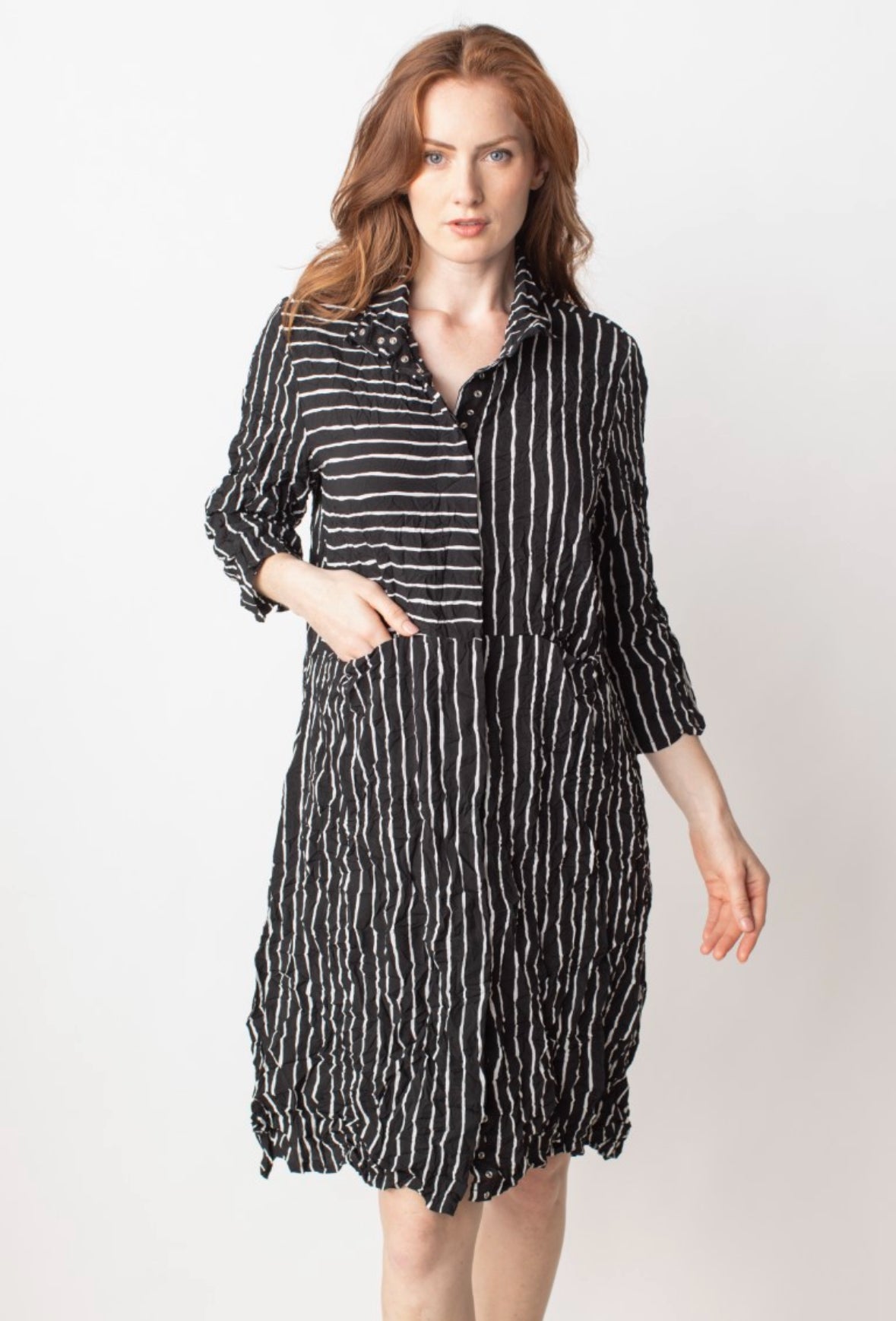 Striped Crimped Snap Shirtdress